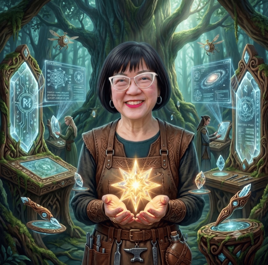 Choon, illustrated in the LiveStarLight workshop, holding a glowing star surrounded by data panels